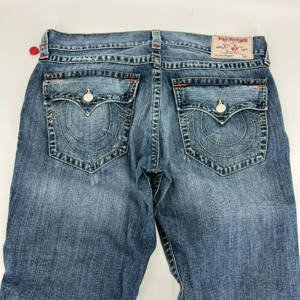 True Religion Medium Wash Distressed Straight Flared Jeans Mens Size 38 - Picture 2 of 9